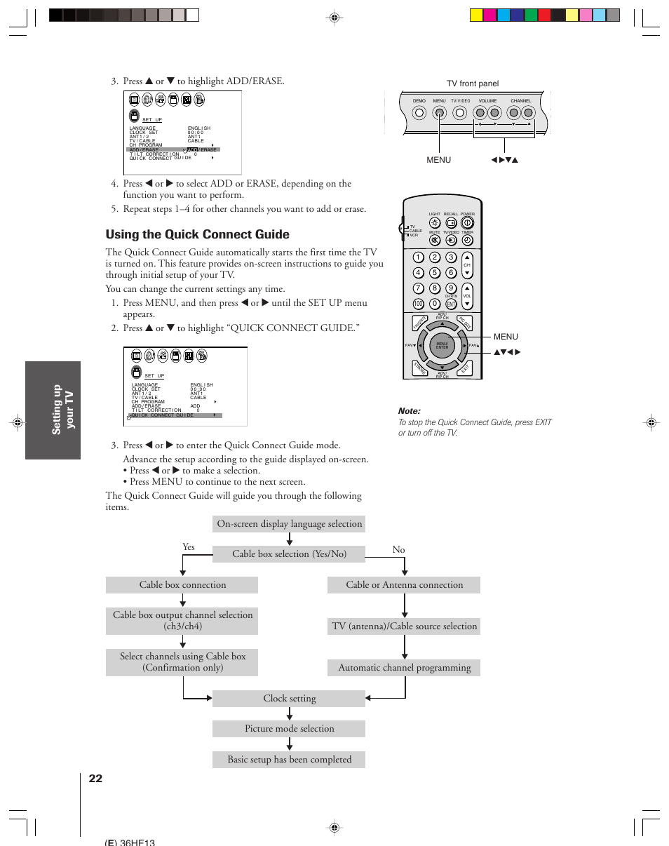 Using the quick connect guide, Press y or z to highlight add/erase, Yes no | E ) 36hf13 | Toshiba 36HF13 User Manual | Page 22 / 55