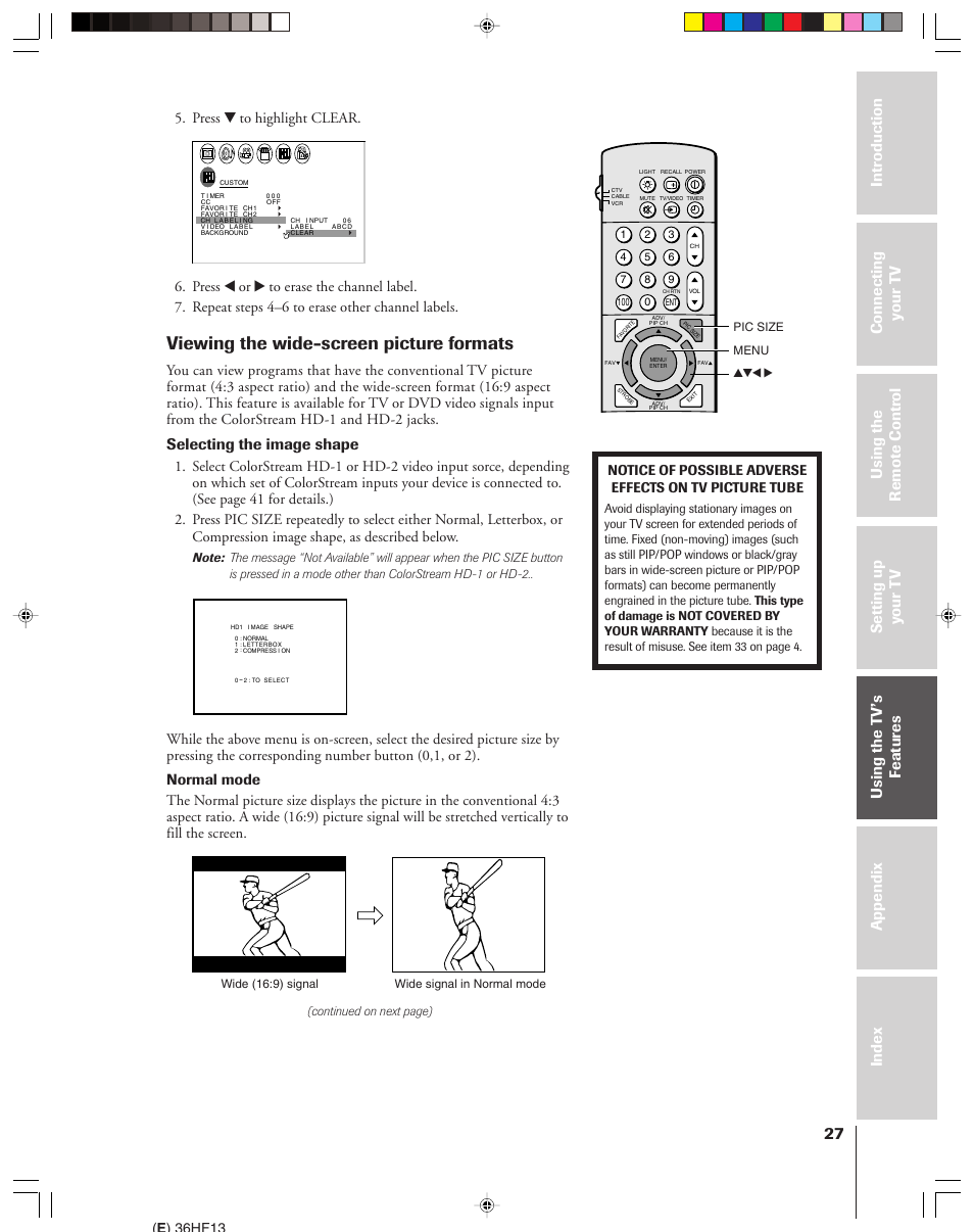 Viewing wide-screen picture formats, Viewing the wide-screen picture formats, Selecting the image shape | Press z to highlight clear | Toshiba 36HF13 User Manual | Page 27 / 55