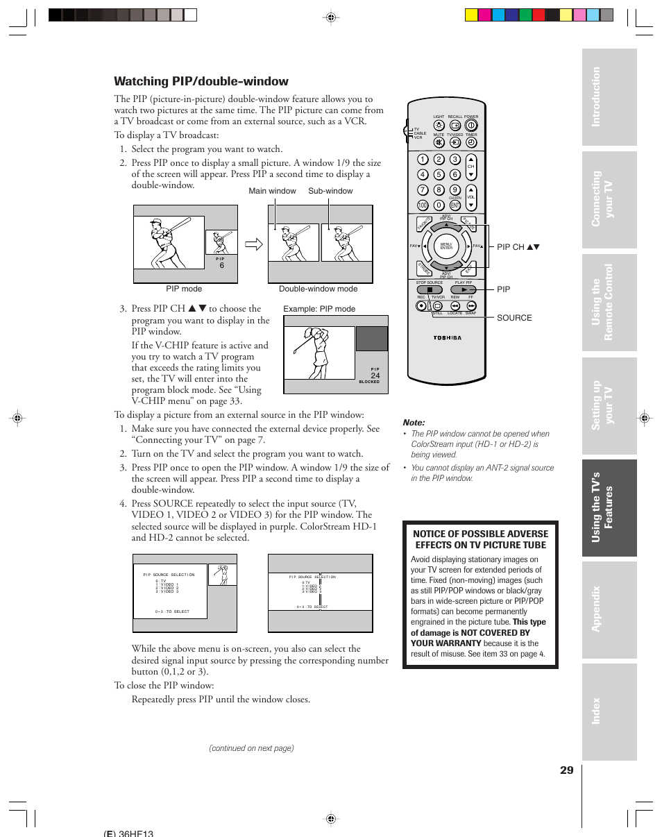 Watching pip/double-window, E ) 36hf13 | Toshiba 36HF13 User Manual | Page 29 / 55