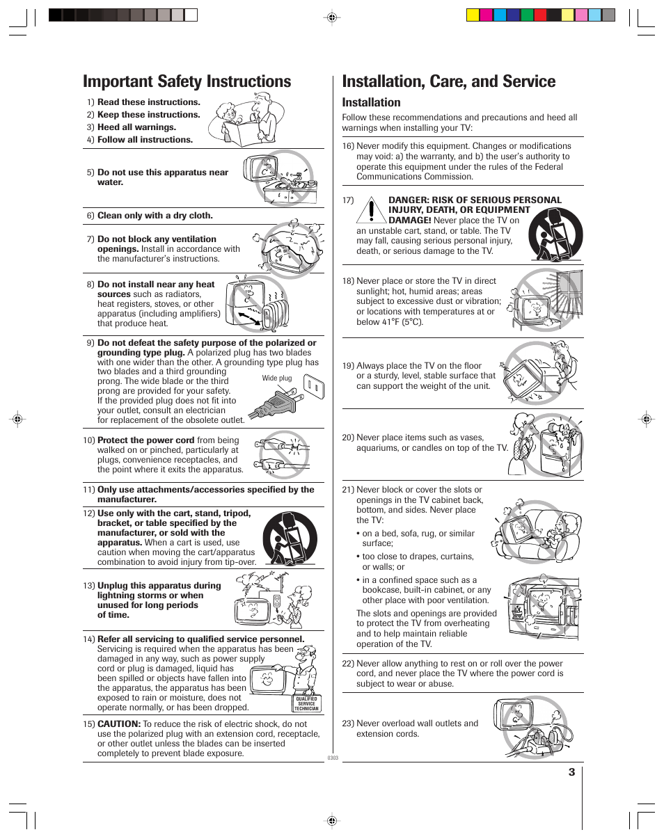 Safety instructions/installation,care & service, Installation, care, and service, Important safety instructions | Installation | Toshiba 36HF13 User Manual | Page 3 / 55