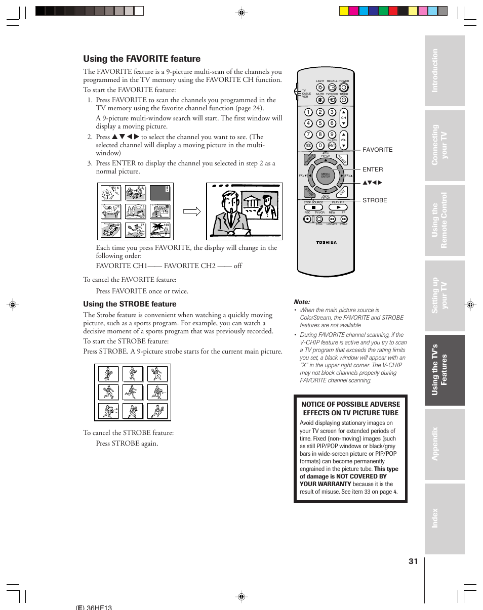 Using the favorite feature, Using the strobe feature, Press favorite once or twice | Toshiba 36HF13 User Manual | Page 31 / 55