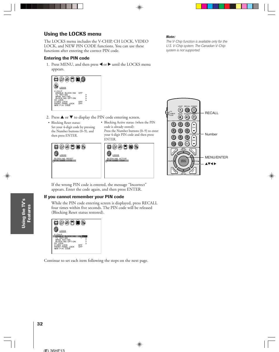 Using the locks menu, Entering the pin code, If you cannot remember your pin code | E ) 36hf13 | Toshiba 36HF13 User Manual | Page 32 / 55