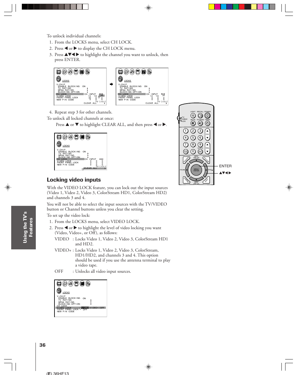 Locking video inputs, E ) 36hf13, Enter yzx | Toshiba 36HF13 User Manual | Page 36 / 55