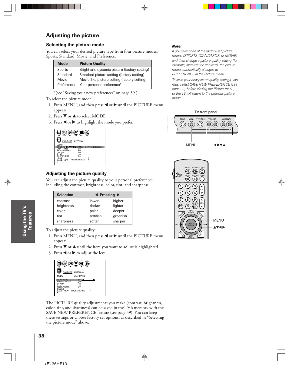 Adjusting the picture, Selecting the picture mode, Adjusting the picture quality | Toshiba 36HF13 User Manual | Page 38 / 55