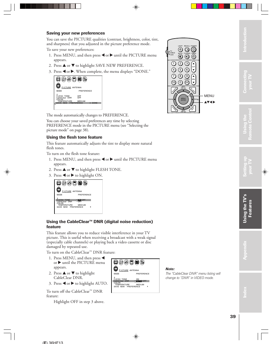 Saving your new preferences, Using the flesh tone feature, Dnr feature: highlight off in step 3 above | Toshiba 36HF13 User Manual | Page 39 / 55