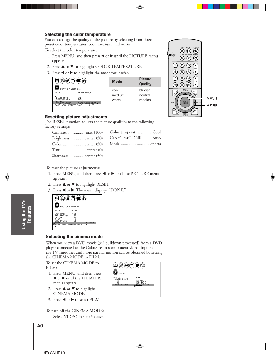 Selecting the cinema mode, Selecting the color temperature, Resetting picture adjustments | Color temperature .......... cool cableclear | Toshiba 36HF13 User Manual | Page 40 / 55