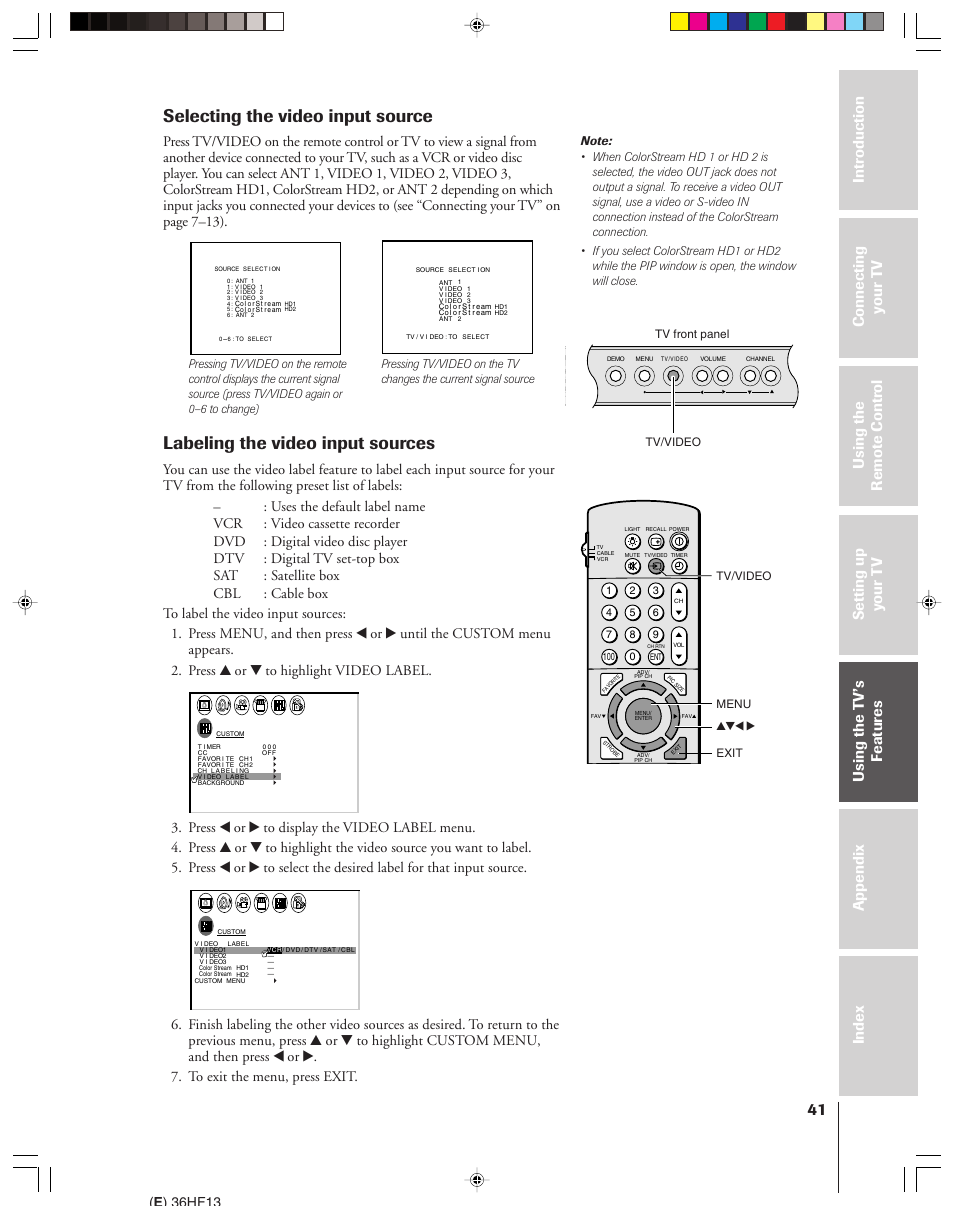 Selecting/labeling the video input source, Selecting the video input source, Labeling the video input sources | E ) 36hf13 | Toshiba 36HF13 User Manual | Page 41 / 55