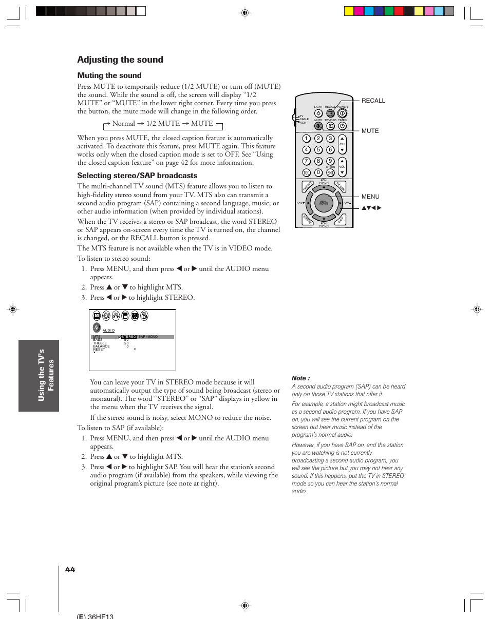 Adjusting the sound, Muting the sound, Selecting stereo/sap broadcasts | Toshiba 36HF13 User Manual | Page 44 / 55