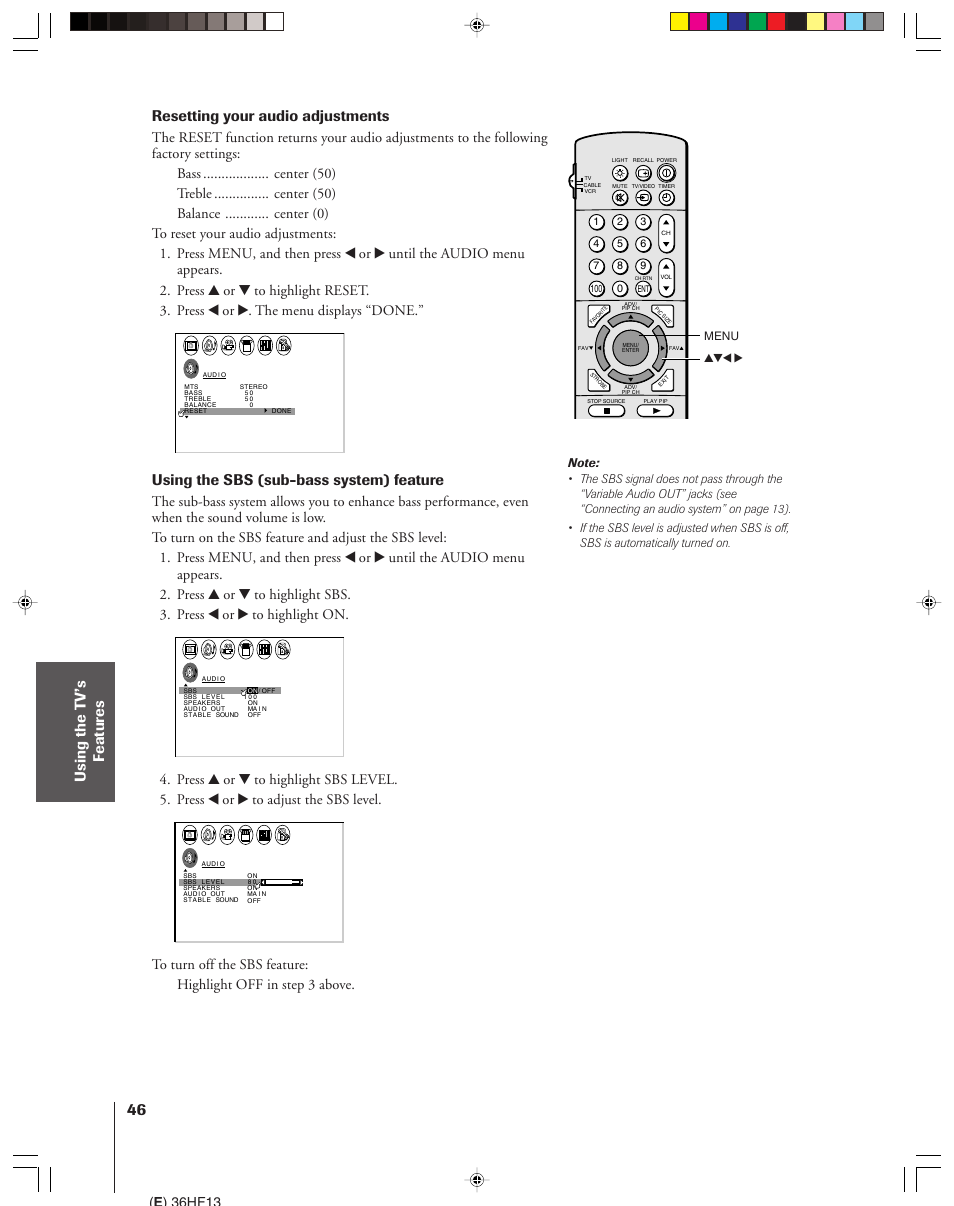 Resetting your audio adjustments, Using the sbs (sub-bass system) feature, E ) 36hf13 | Toshiba 36HF13 User Manual | Page 46 / 55