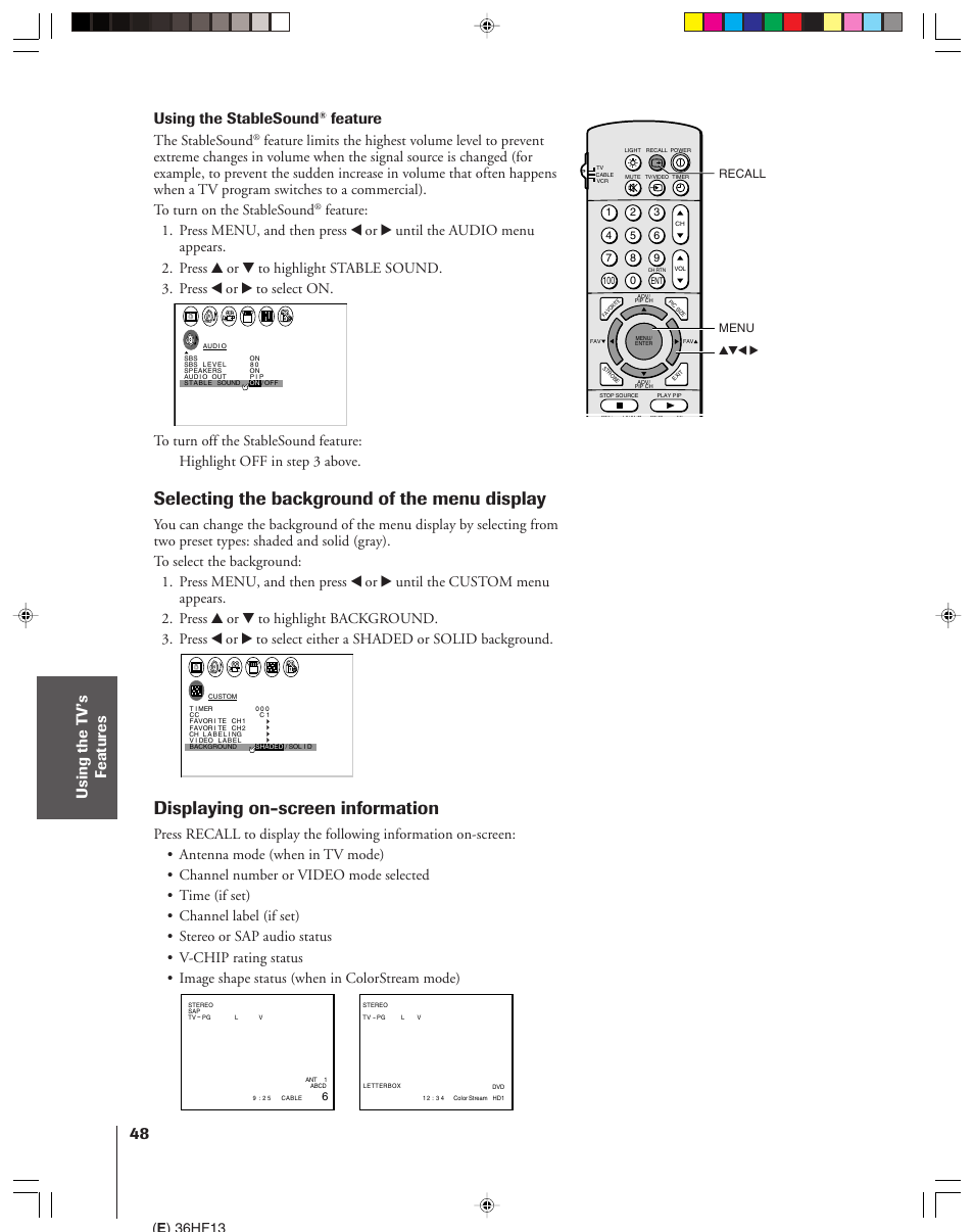 Selecting the background of the menu display, Displaying on-screen information, Using the stablesound | Feature, The stablesound, E ) 36hf13 | Toshiba 36HF13 User Manual | Page 48 / 55