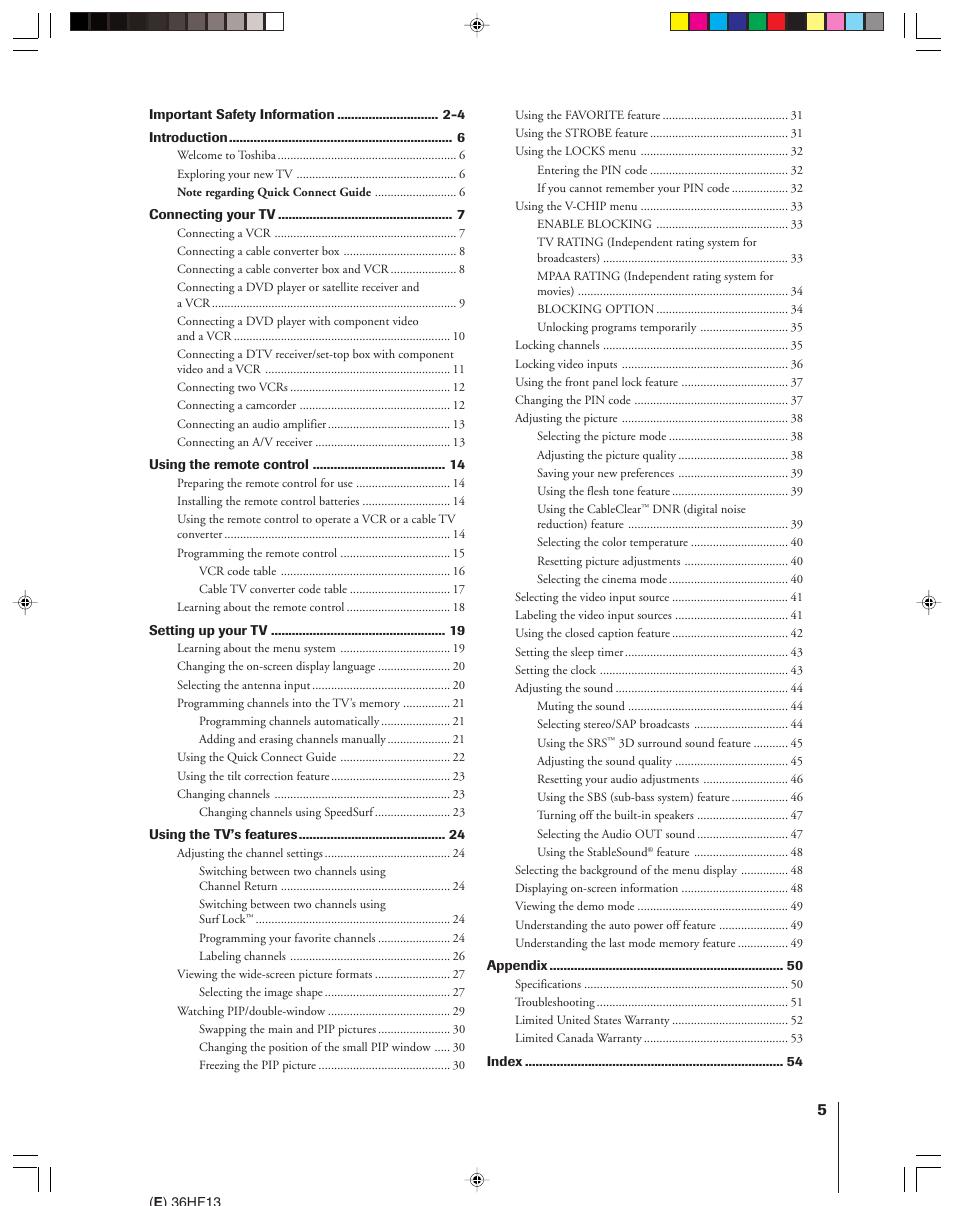 Toshiba 36HF13 User Manual | Page 5 / 55