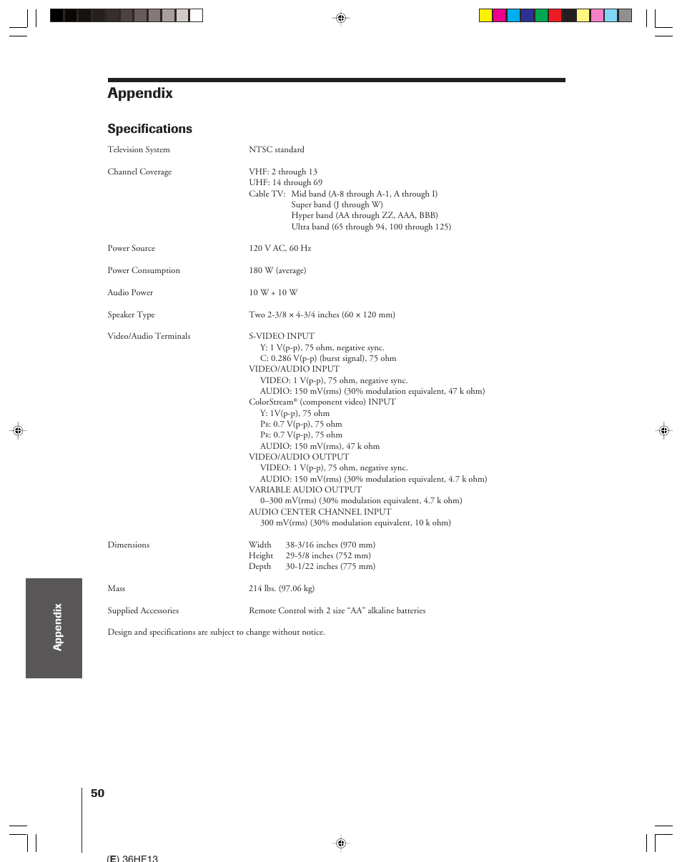 Appendix, Specifications | Toshiba 36HF13 User Manual | Page 50 / 55