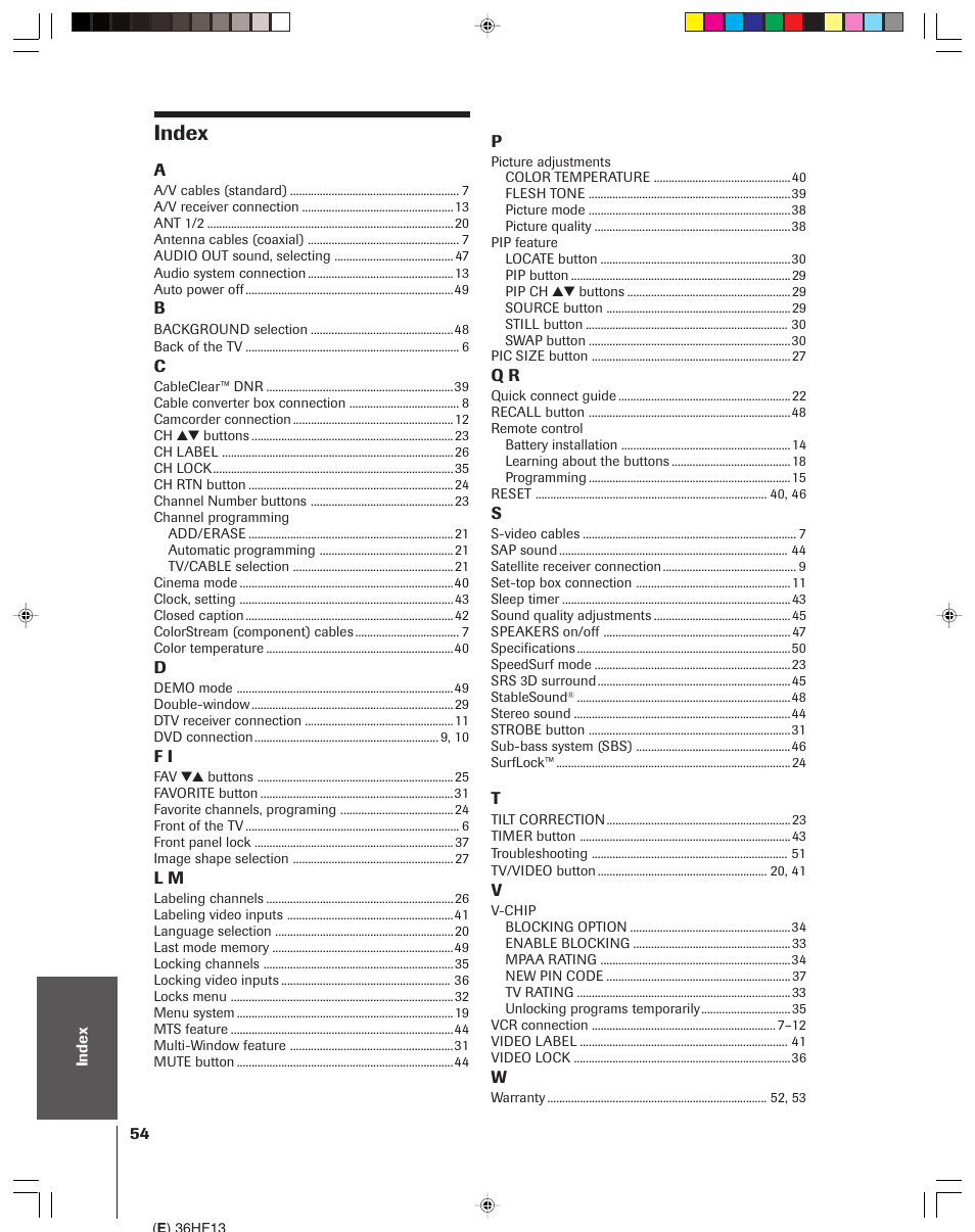 Index | Toshiba 36HF13 User Manual | Page 54 / 55