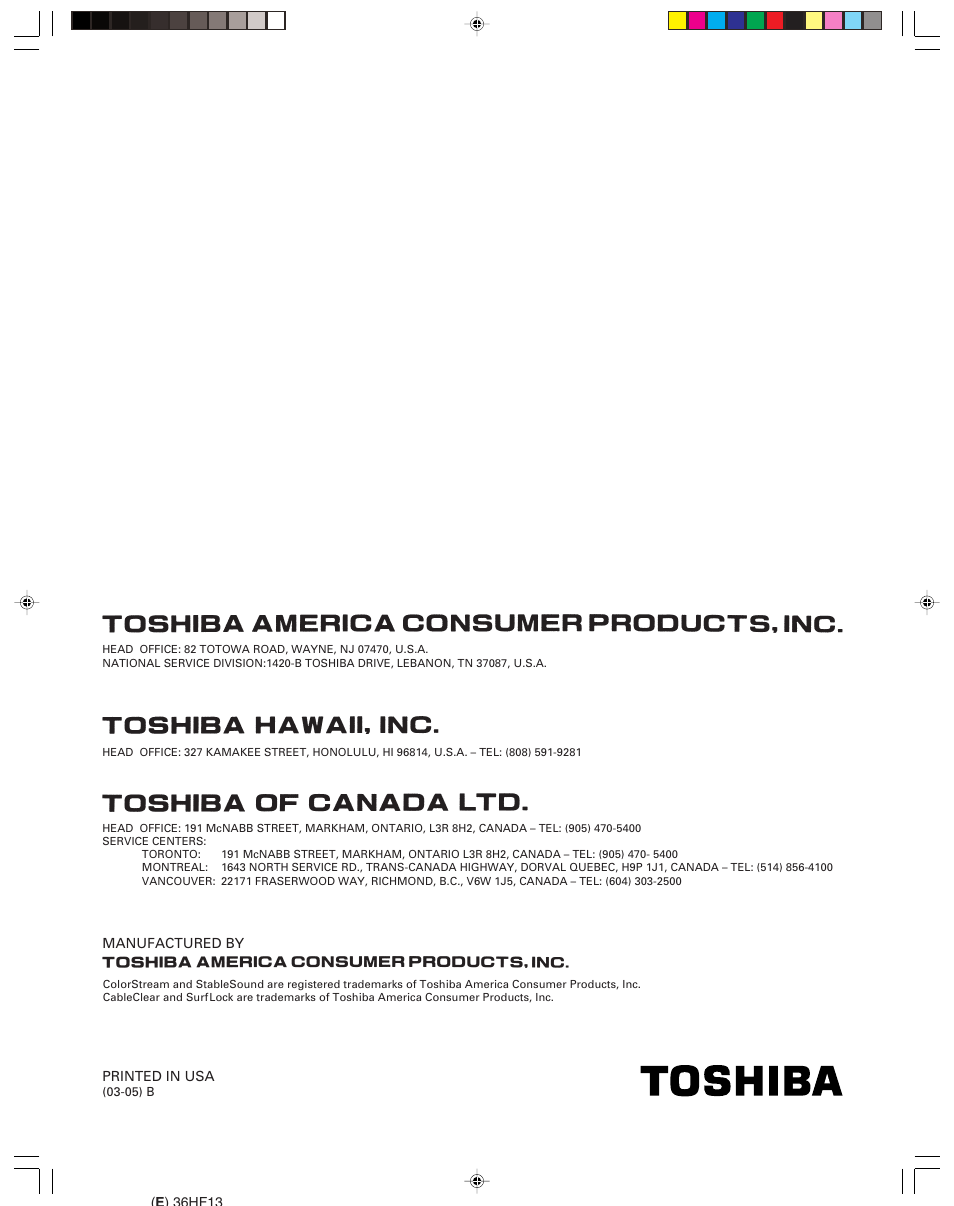 Back cover | Toshiba 36HF13 User Manual | Page 55 / 55