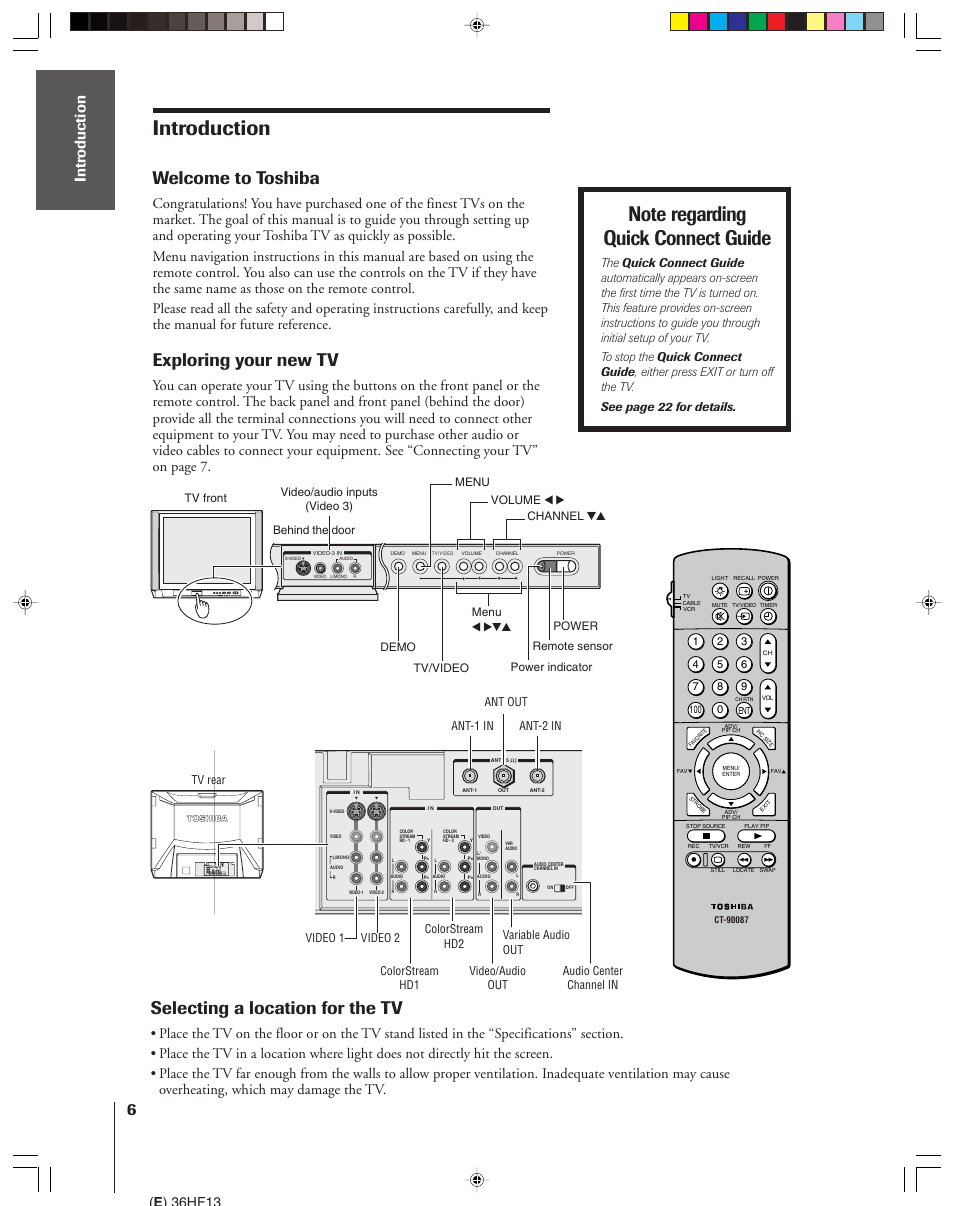 Introduction, Welcome to toshiba, Exploring your new tv | Selecting a location for the tv, E ) 36hf13 | Toshiba 36HF13 User Manual | Page 6 / 55
