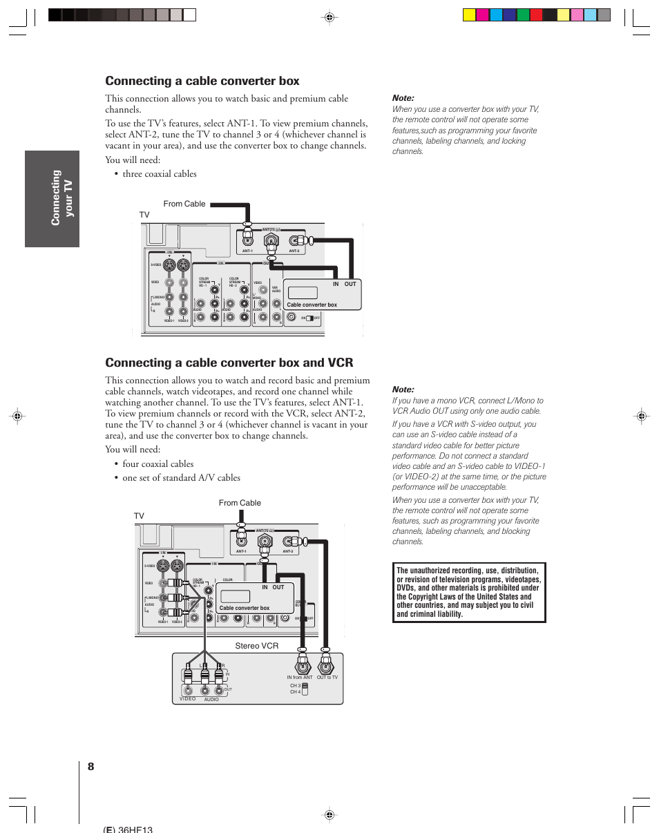 Cable converter box and vcr, Connecting a cable converter box, Connecting a cable converter box and vcr | E ) 36hf13 | Toshiba 36HF13 User Manual | Page 8 / 55