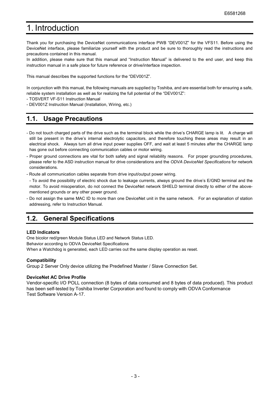 Introduction, Usage precautions, General specifications | Toshiba DEV001Z User Manual | Page 4 / 26