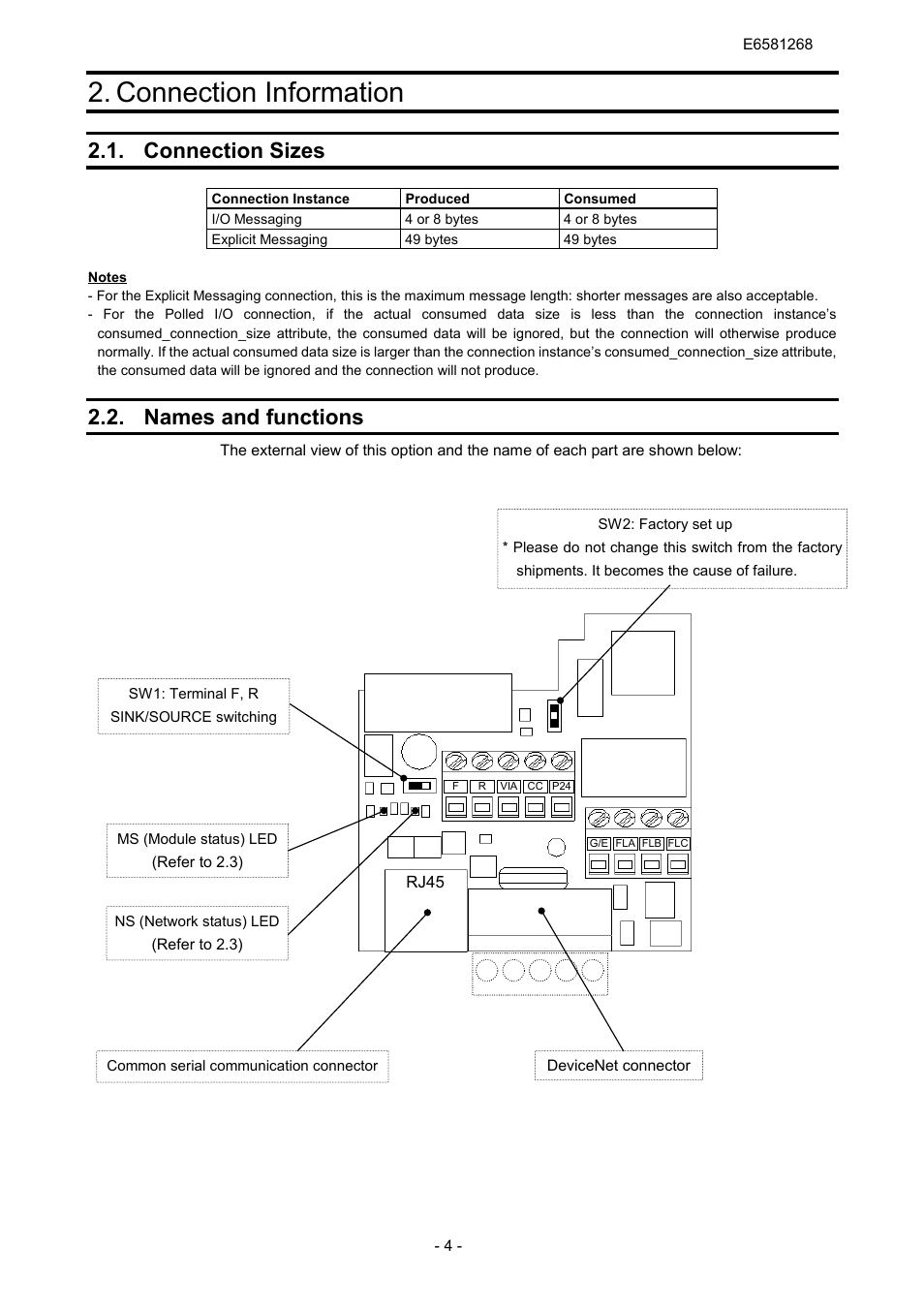 Connection information, Connection sizes, Names and functions | Toshiba DEV001Z User Manual | Page 5 / 26