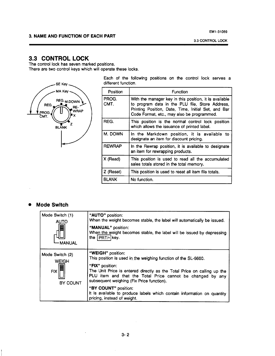 3 control lock, Mode switch, Control lock -2 | Auto, Manual, Weigh, By count | Toshiba TEC EM1-31059 User Manual | Page 10 / 116