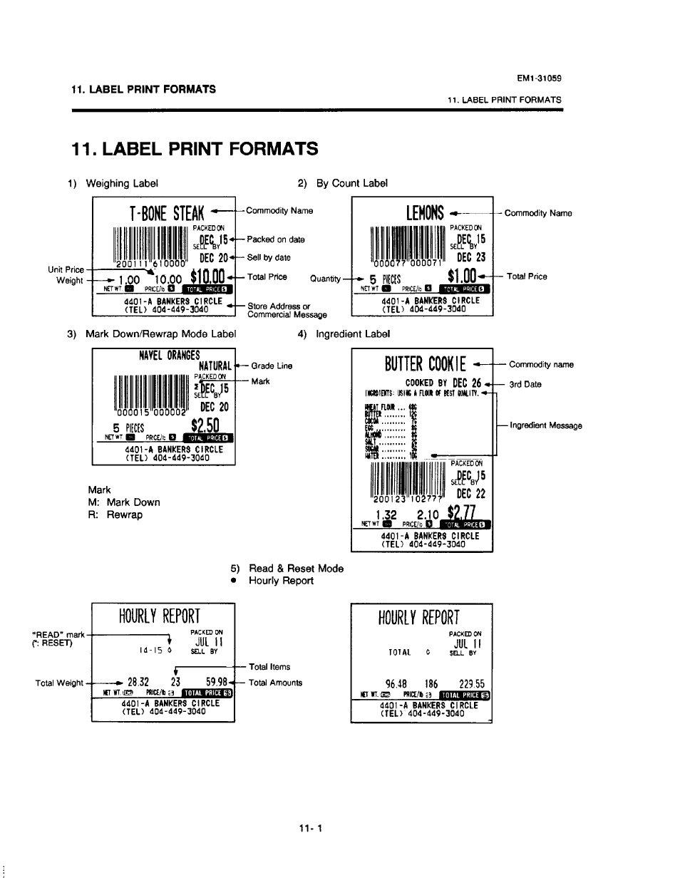 Label print formats, T-bone steak, Dec 20 | Lehons, Scpiys dec 23, Navel oranges, Natural, Butter cookie, Dec 22, Hourly report | Toshiba TEC EM1-31059 User Manual | Page 100 / 116
