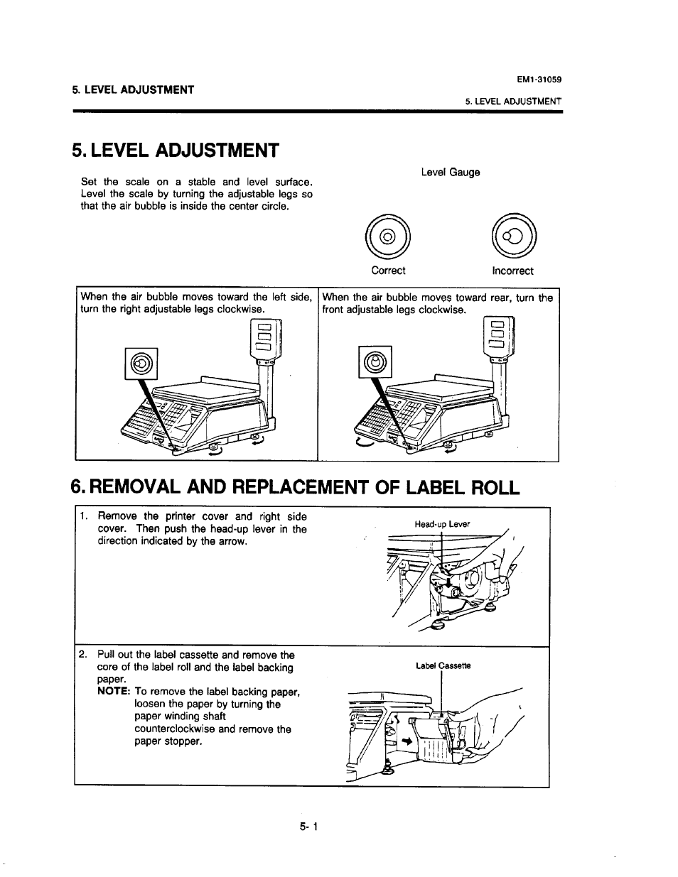 Level adjustment, Removal and replacement of label roll, Level adjustment -1 | Removal and replacement of label roll -1 | Toshiba TEC EM1-31059 User Manual | Page 17 / 116