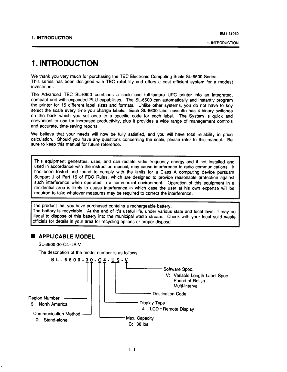 Introduction, Introduction -1, Applicable model | Toshiba TEC EM1-31059 User Manual | Page 5 / 116