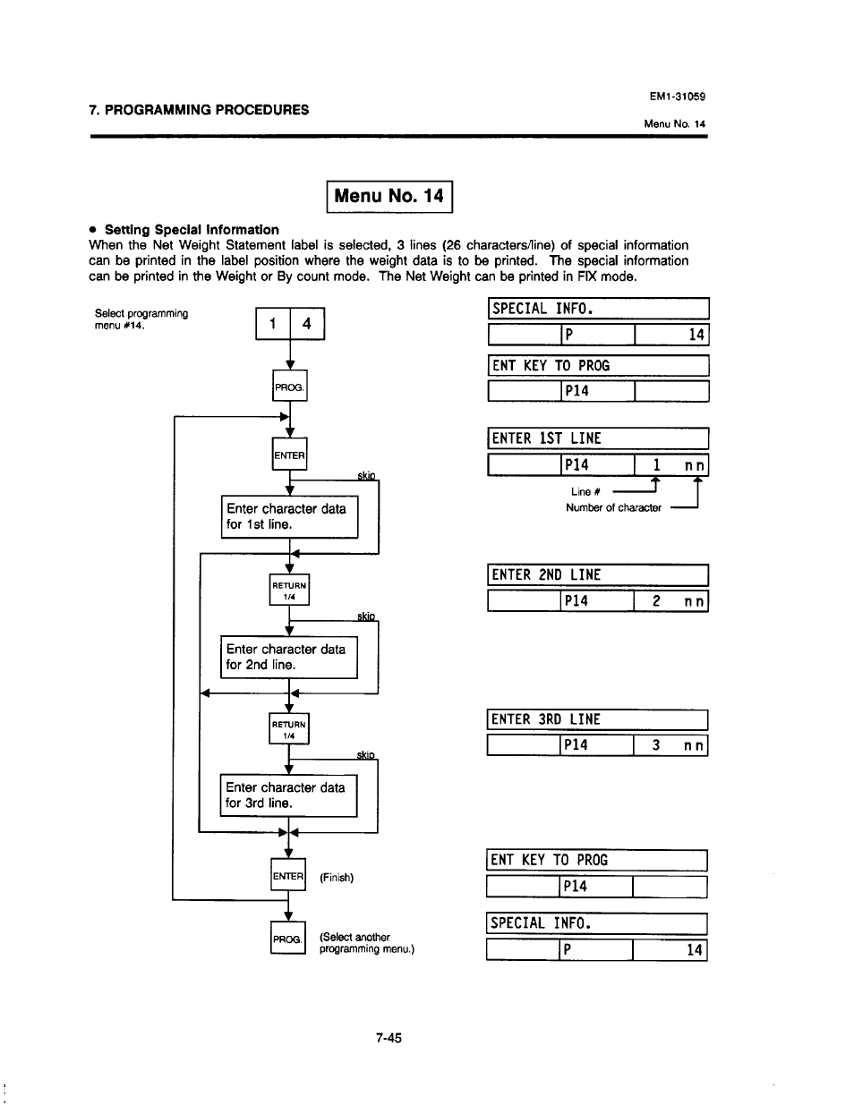 Menu no. 14, Ent key to prog | Toshiba TEC EM1-31059 User Manual | Page 63 / 116