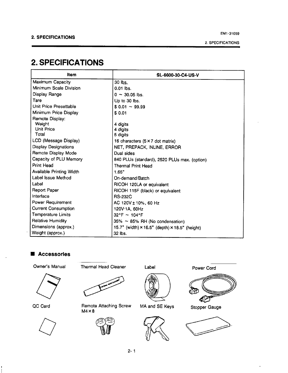 Specifications, Specifications -1, Accessories | Toshiba TEC EM1-31059 User Manual | Page 7 / 116