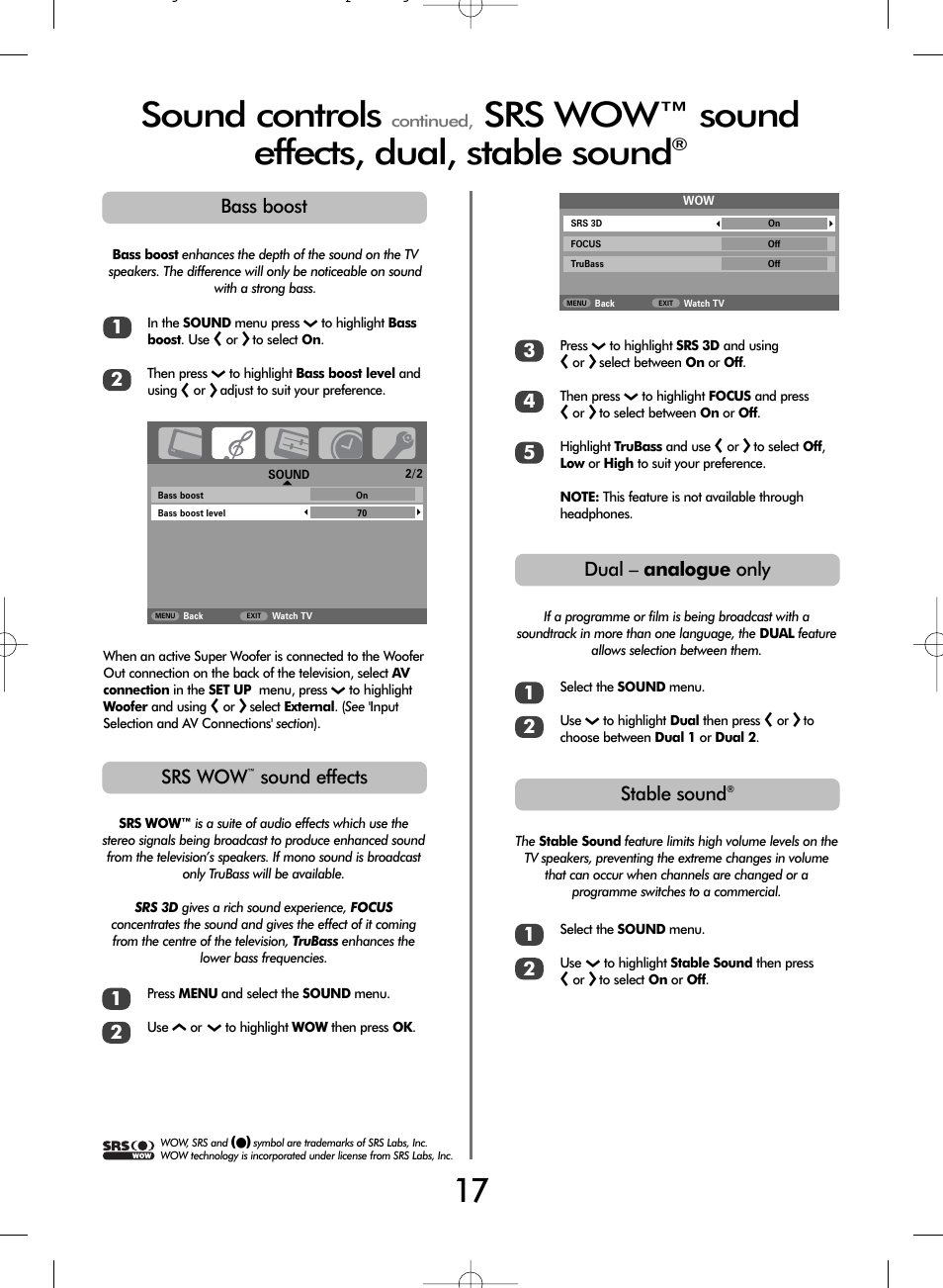 Sound controls, Srs wow™ sound effects, dual, stable sound, Srs wow | Sound effects, Stable sound, Bass boost, Dual – analogue only | Toshiba WLT68 User Manual | Page 17 / 40