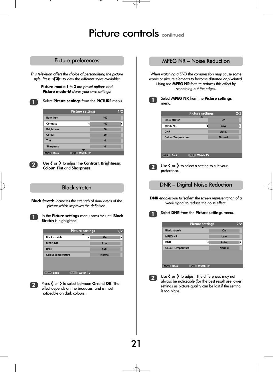 Picture controls, Dnr – digital noise reduction, Mpeg nr – noise reduction | Black stretch, Picture preferences 2, Continued | Toshiba WLT68 User Manual | Page 21 / 40