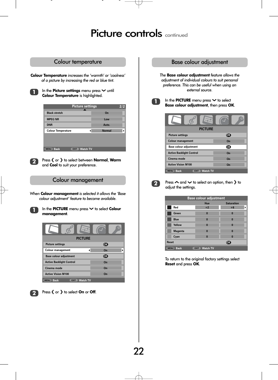 Picture controls, Base colour adjustment, Colour management | Colour temperature, Continued | Toshiba WLT68 User Manual | Page 22 / 40