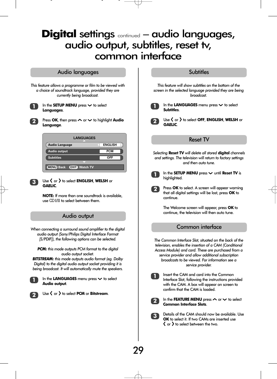 Digital settings | Toshiba WLT68 User Manual | Page 29 / 40