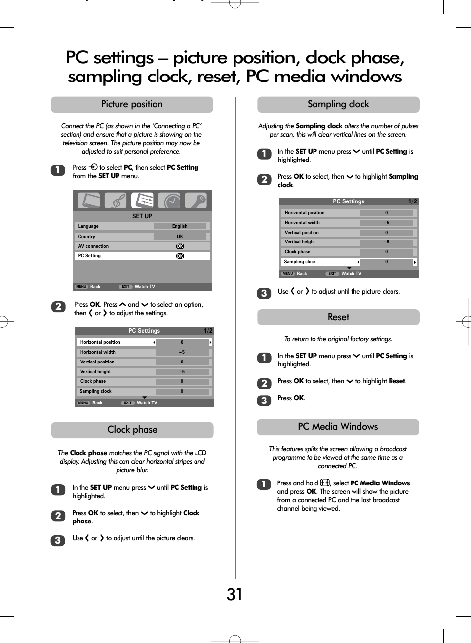 Clock phase, Sampling clock picture position, Reset | Pc media windows | Toshiba WLT68 User Manual | Page 31 / 40