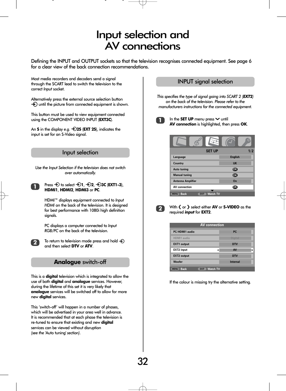 Input selection and av connections, Input selection 1, Input signal selection 1 2 2 | Analogue switch-off | Toshiba WLT68 User Manual | Page 32 / 40
