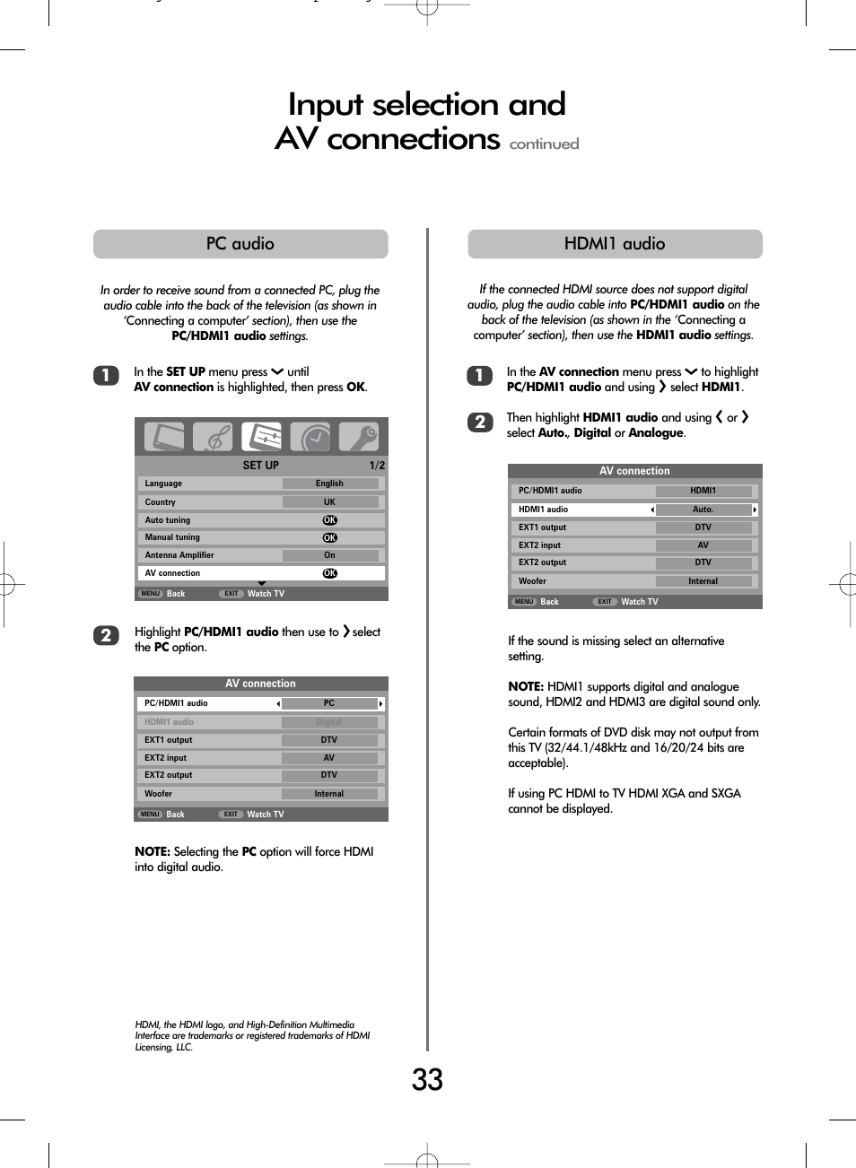 Input selection and av connections, Hdmi1 audio, Pc audio 1 | Continued | Toshiba WLT68 User Manual | Page 33 / 40