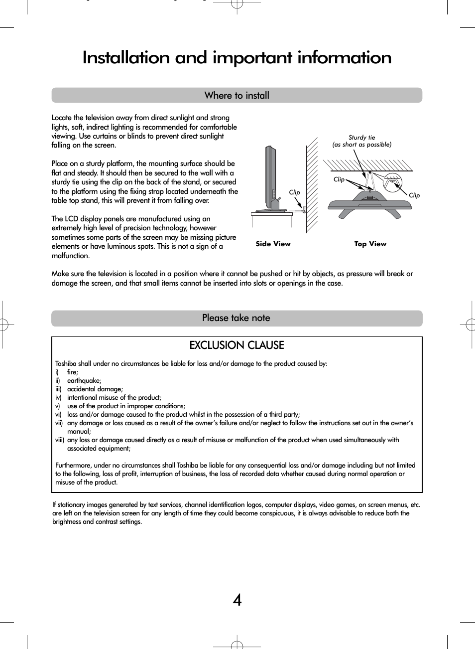 Installation and important information, Exclusion clause | Toshiba WLT68 User Manual | Page 4 / 40