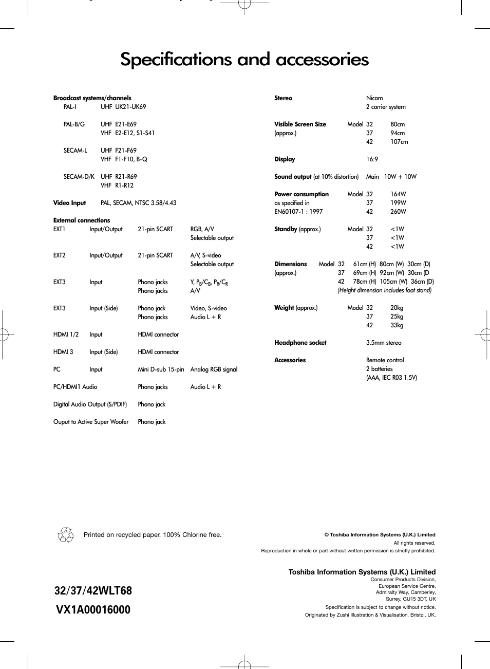 Specifications and accessories | Toshiba WLT68 User Manual | Page 40 / 40