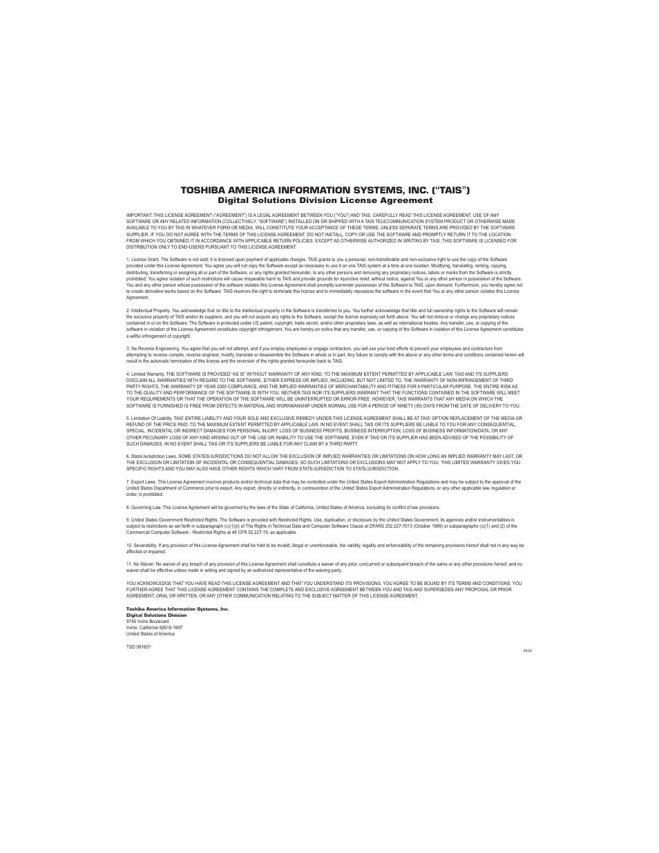 Tais dsd license agreement, Digital solutions division license agreement | Toshiba Strata CTX28 User Manual | Page 3 / 96