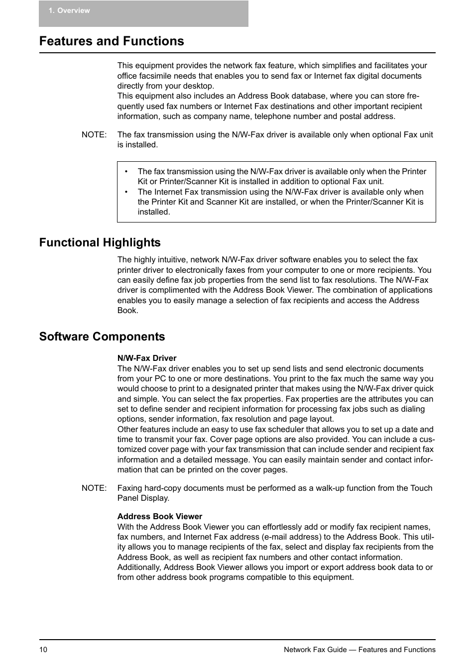 Features and functions, Functional highlights, Software components | Functional highlights software components | Toshiba E-STUDIO 720 User Manual | Page 10 / 110