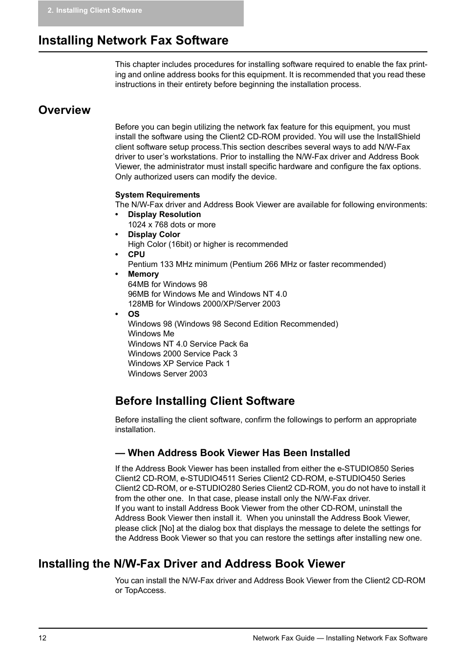 Installing network fax software, Overview, Before installing client software | When address book viewer has been installed | Toshiba E-STUDIO 720 User Manual | Page 12 / 110