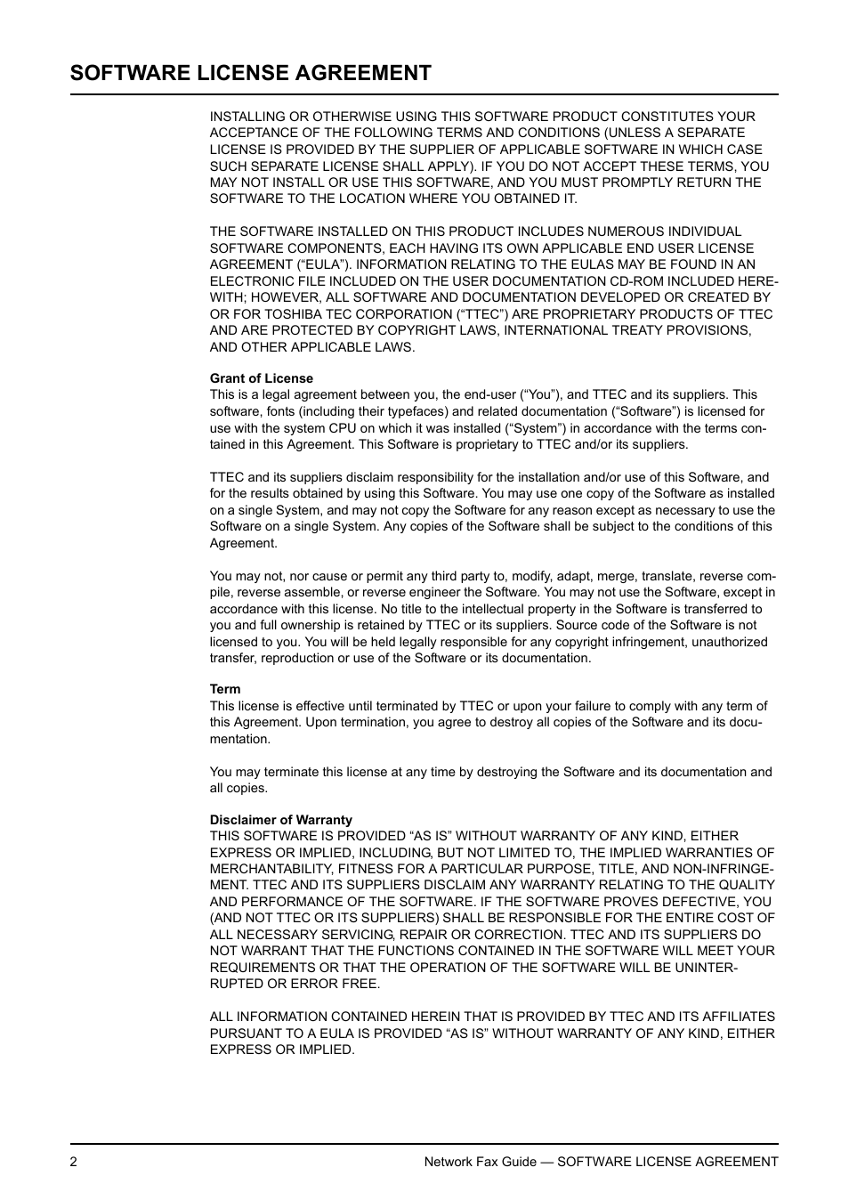 Software license agreement | Toshiba E-STUDIO 720 User Manual | Page 2 / 110