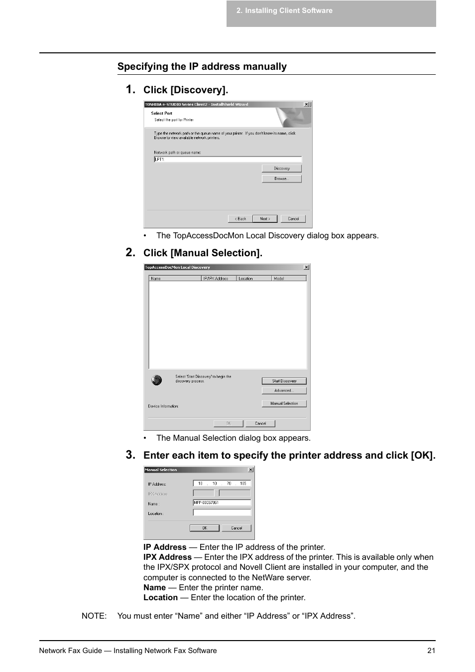 P.21 "specifying the ip address manually | Toshiba E-STUDIO 720 User Manual | Page 21 / 110