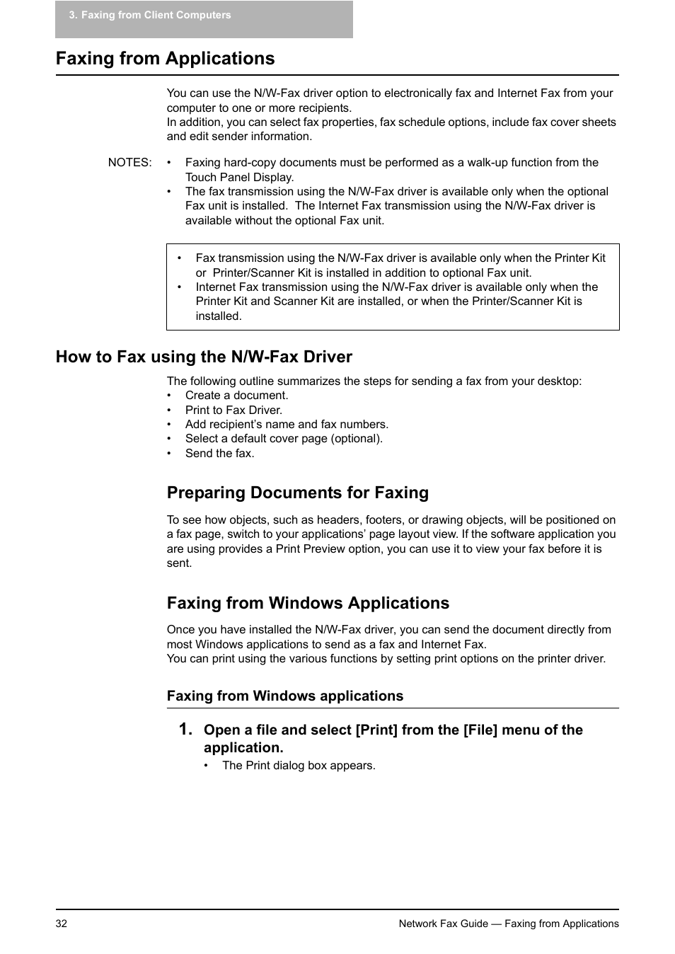 Faxing from applications, How to fax using the n/w-fax driver, Preparing documents for faxing | Faxing from windows applications | Toshiba E-STUDIO 720 User Manual | Page 32 / 110