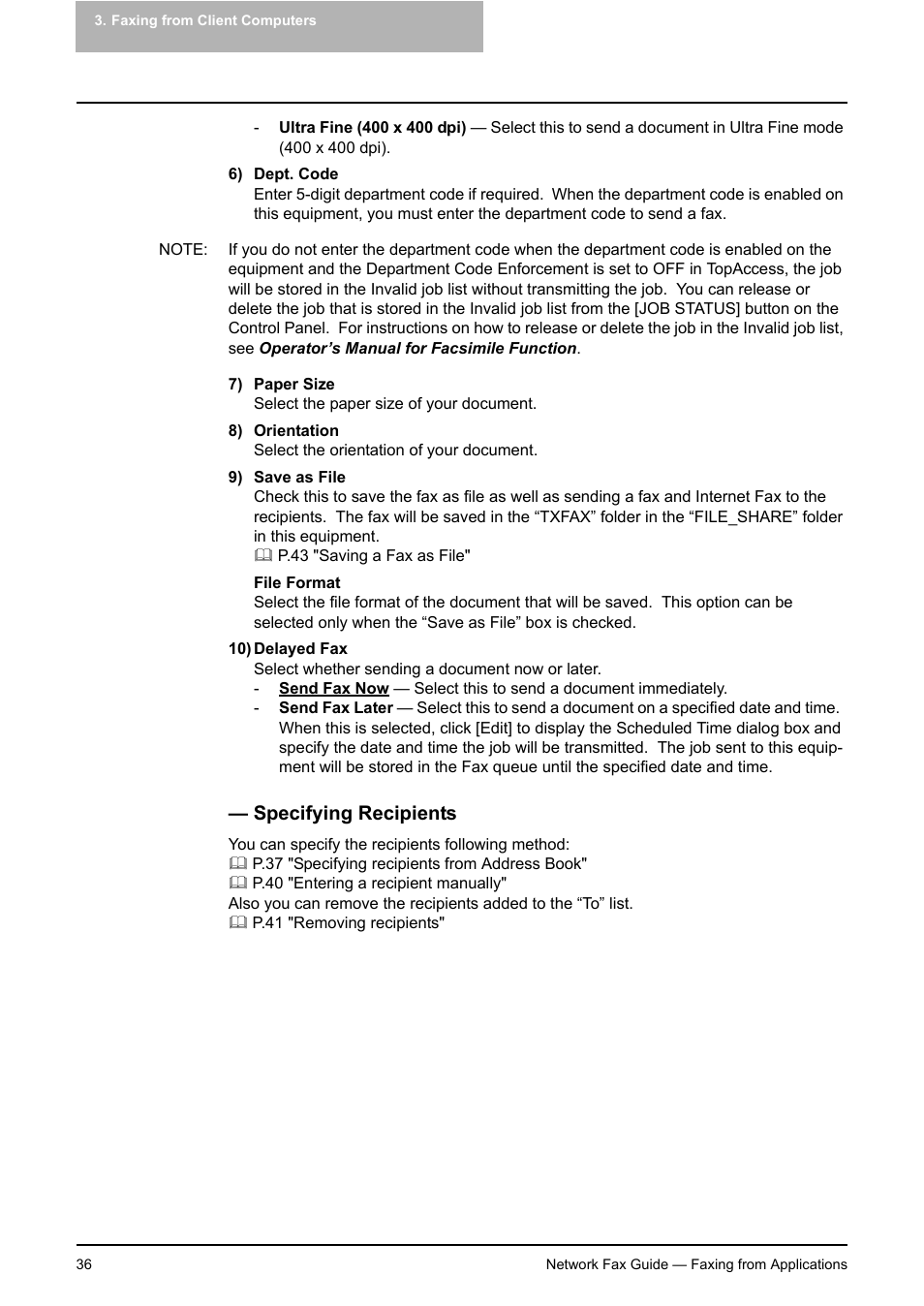 Specifying recipients, P.36 "specifying recipients | Toshiba E-STUDIO 720 User Manual | Page 36 / 110