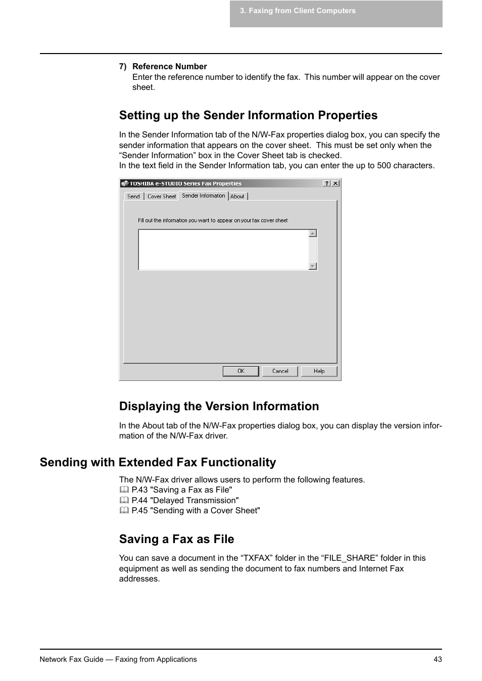 Setting up the sender information properties, Displaying the version information, Sending with extended fax functionality | Saving a fax as file, P.43 "setting up the sender information properties, P.43 "sending with extended fax functionality, P.43 "saving a fax as file | Toshiba E-STUDIO 720 User Manual | Page 43 / 110