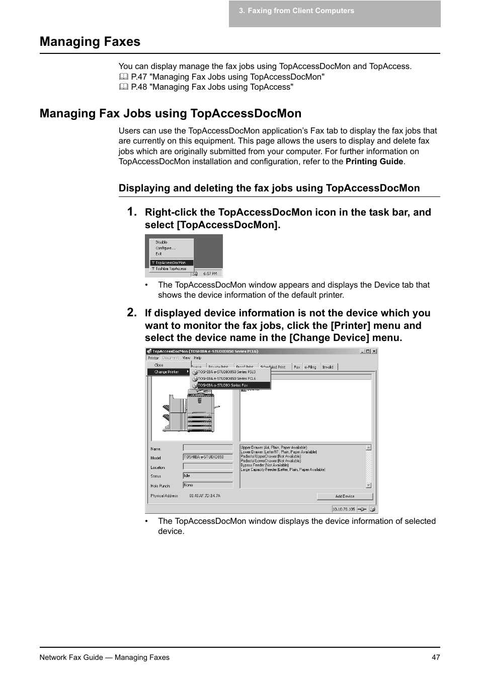 Managing faxes, Managing fax jobs using topaccessdocmon, P.47 "managing faxes | Toshiba E-STUDIO 720 User Manual | Page 47 / 110