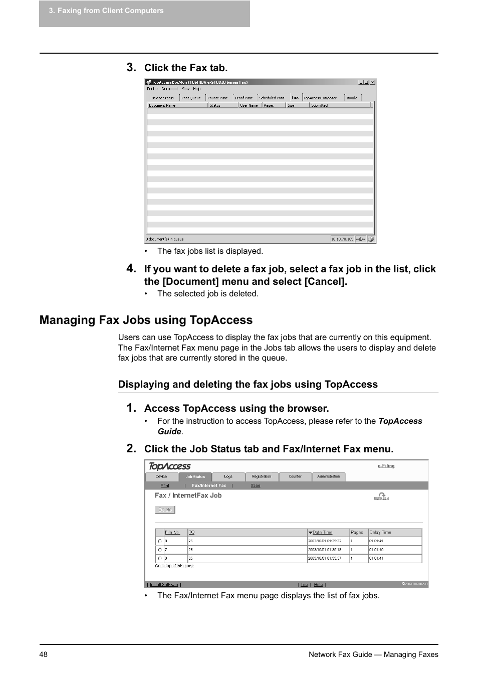 Managing fax jobs using topaccess, P.48 "managing fax jobs using topaccess | Toshiba E-STUDIO 720 User Manual | Page 48 / 110