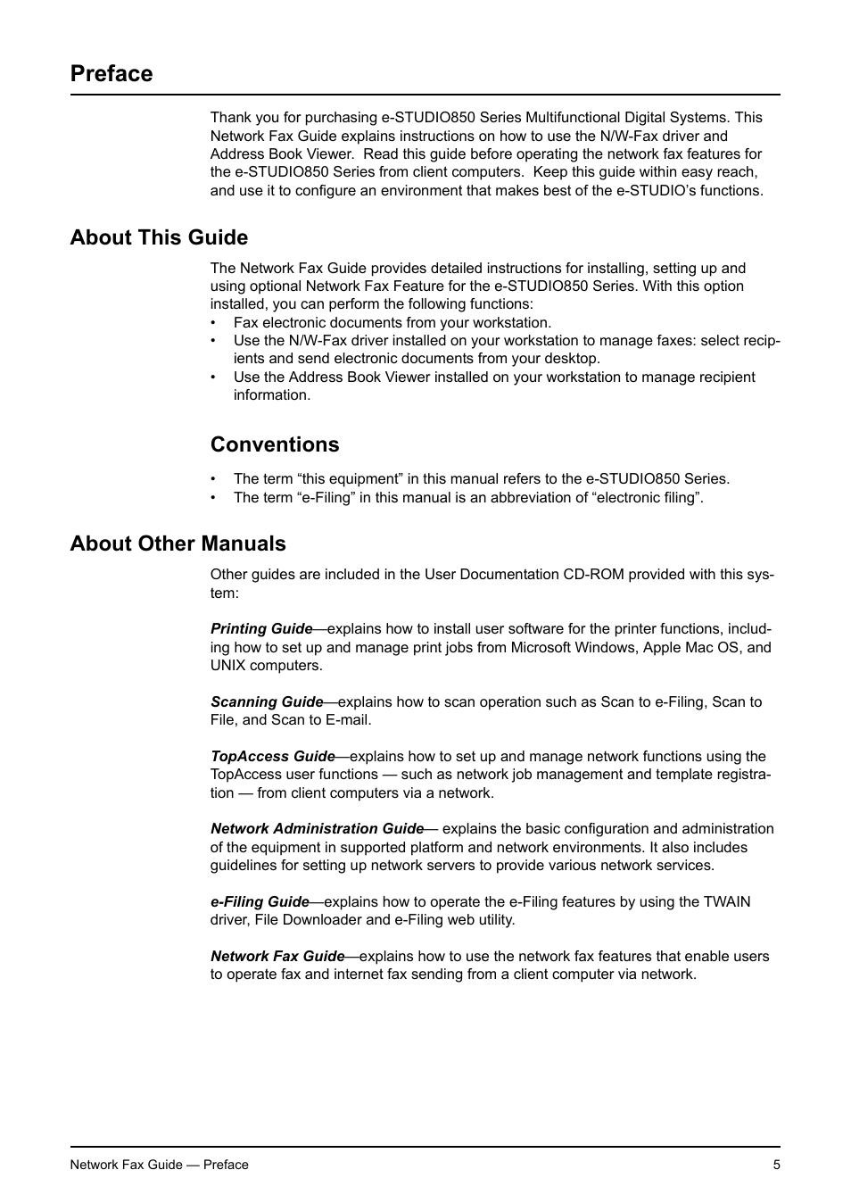 Preface, About this guide, Conventions | About other manuals | Toshiba E-STUDIO 720 User Manual | Page 5 / 110