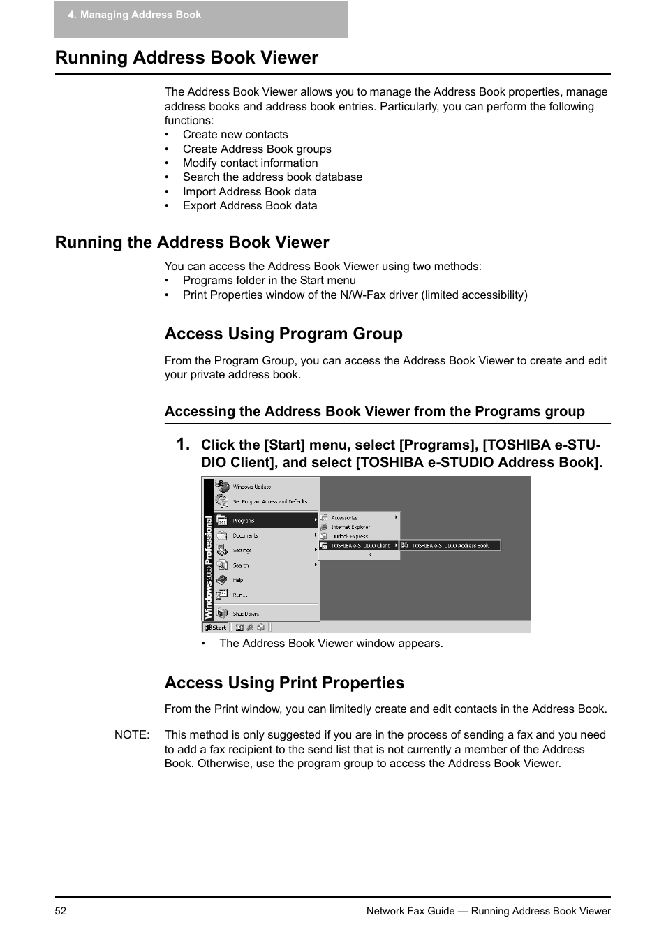 Running address book viewer, Running the address book viewer, Access using program group | Access using print properties | Toshiba E-STUDIO 720 User Manual | Page 52 / 110