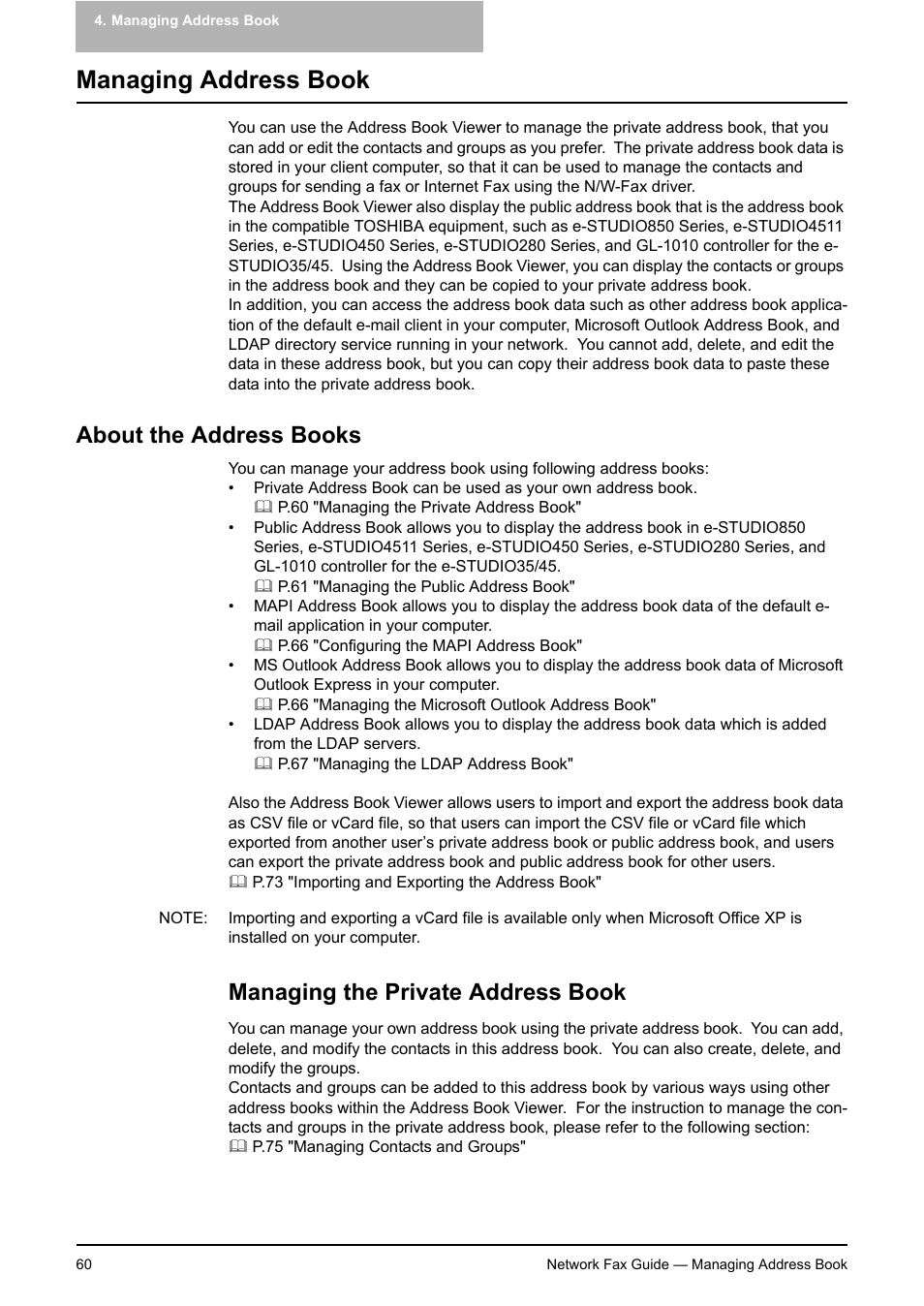 Managing address book, About the address books, Managing the private address book | Toshiba E-STUDIO 720 User Manual | Page 60 / 110